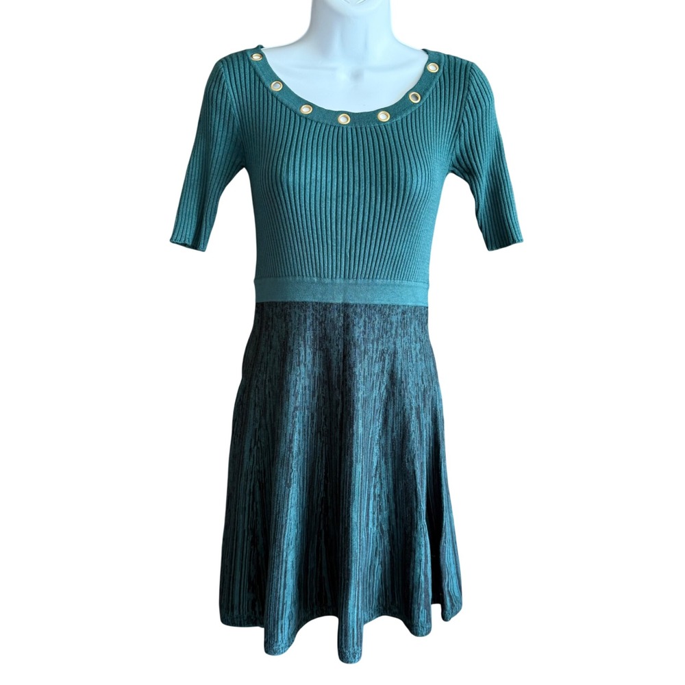 Candie's Green Space Sweater Dress Juniors Sz M Grommets Ribbed 1/2 Sleeve